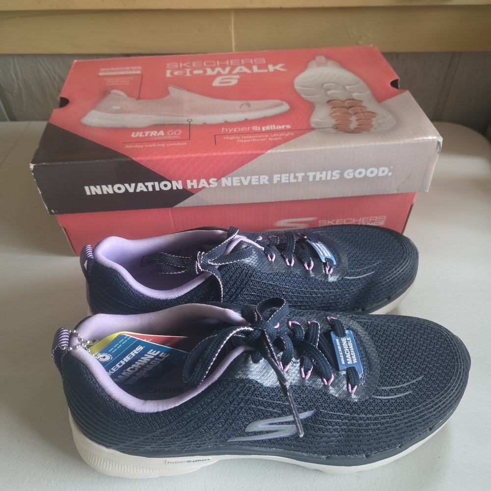 Skechers Go Walk 6 Navy Blue Lavender Hyper Pillars Size 8.5 Air Cooler Goga Mat